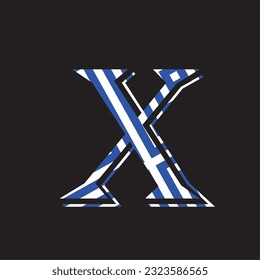 Letter X lettering with blue and white stripes and black background