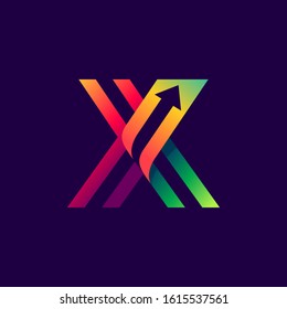 Letter X logo with arrow inside. Vector bright colours typeface for delivery labels, business headlines, finance posters, sport cards etc.