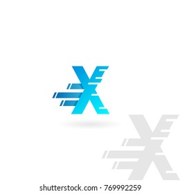 Letter X logo. Blue distorted vector icon. Speed concept font.