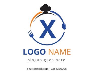Letter X Logo With Chef Hat, Spoon And Fork For Restaurant Logo. Modern vector logo for café, restaurant, cooking business, and company identity