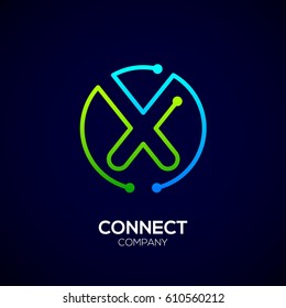 Letter X logo, Circle shape symbol, green and blue color, Technology and digital abstract dot connection