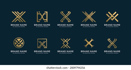 Letter X logo collection with golden line art concept Premium Vector