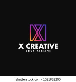 Letter X logo design coloful smooth gradient color enclosed in a square. Creative Overlapping logo template, emblem for Business Card