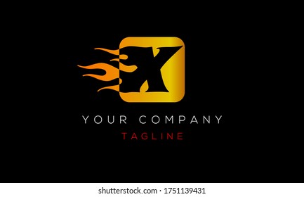 Diseño de logotipo de carta X, con fuego, brillo, icono de llama X