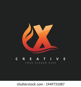 Letter X Logo Design With Fire Flames and Orange Swoosh Vector Illustration