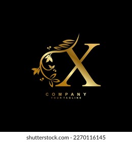 letter X logo design with flowers, leaves and golden feathers in a beautiful and elegant style. monogram X. typography X. initial X logo. suitable for, business, wedding, boutique, company, hotel, etc