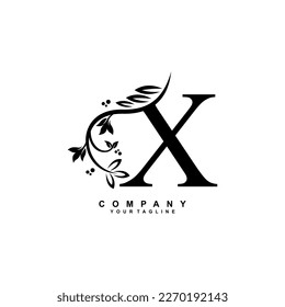 letter X logo design with flowers, leaves and black feathers in a beautiful and elegant style. monogram X. typography X. initial X logo. suitable for, business, wedding, boutique, company, hotel, etc