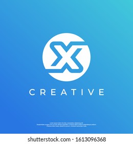 Letter X logo design template with white color and blue background