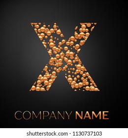 Letter X logo gold dots. Alphabet logotype with abstract golden bubbles shape on black background. Vector template for your design