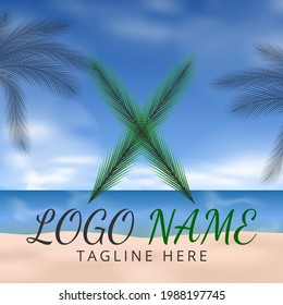 
Letter X Logo Green tropical coconut leaf with creative summer concept