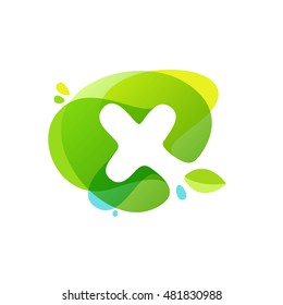 Letter X logo at green watercolor splash background. Vector elements for posters, t-shirts, ecology presentation or card.