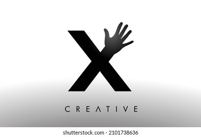 Logotipo de letra X con Ilustración de icono del vector manual. Carta con logotipo de mano creativa en blanco y negro con silueta de mano.