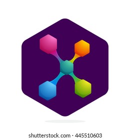 Letter X logo with Hexagon and lines. Bright color vector design for your science, biology, physics, chemistry company. Icon for banner, presentation, web page, app icon, card, labels or posters.