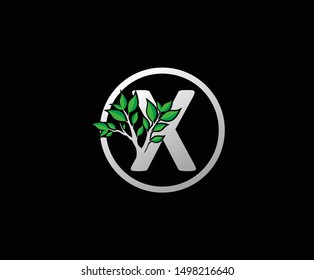  Letter X Logo Icon With Branch and Green Leaves, eco green concept.