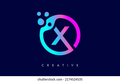 Letter X Logo Icon Design with Dots and Bubbles inside a Circular Shape in Purple Neon Colors Vector Illustration.