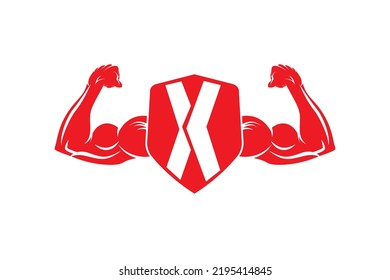 Letter X logo icon design template elements, with bicep flex and shield.