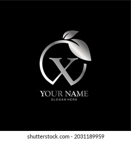 letter X logo and leaf circle. premium vector letter X with silver luxury color leaf. letter X metal model