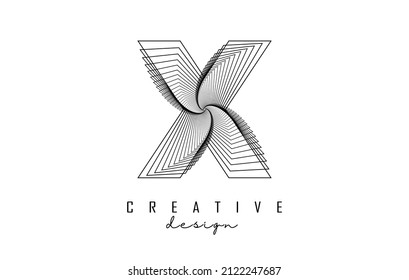 Letter X logo with lines and spiral effect. Vector illustration with geometric typography. Creative icon with letter.