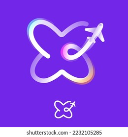 Logo des Buchstaben X aus einer Farblinie mit Flachsymbol und Regenbogenglanz. Mehrfarbenemblem überlappen Ideal für bunte Reise-App, Lieferdesign, Luftfahrtwerbung, Flugidentität.