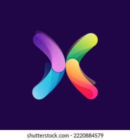 Logo de la letra X hecho de líneas coloridas superpuestas. Icono moderno de gradiente intenso arcoiris. Tipo de vectores de una línea para diseño de marca tecnológica, etiquetas de vida nocturna, afiches multimedia, identidad futurista, etc.