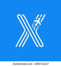 El logotipo de la letra X está hecho de tres líneas paralelas con un icono de plano. Emblema vectorial para una aplicación de viajes, identidad de la compañía de aviones a reacción y publicidad de envío.