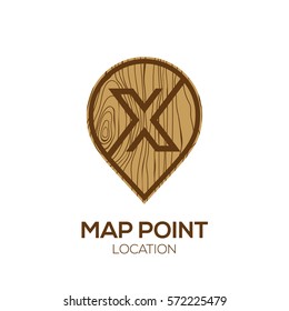 Letter X Logo Map Point Location with wooden texture,Pin maps symbol