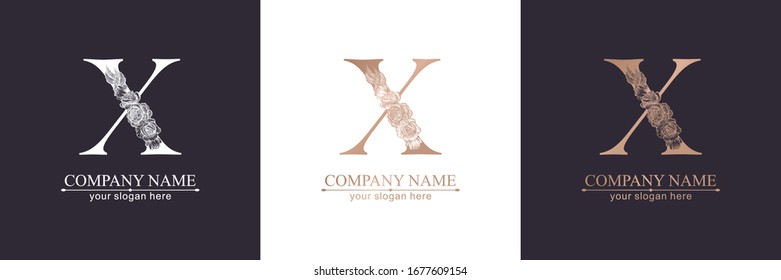 Letter X logo or monogram. For your business. Vector sign. Floral style, beautiful roses. Personal logo.
