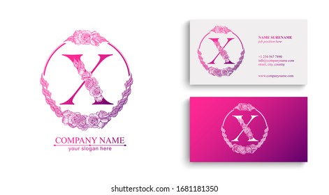 Letter X logo or monogram. For your business. Vector sign. Floral style, beautiful roses. Personal logo.