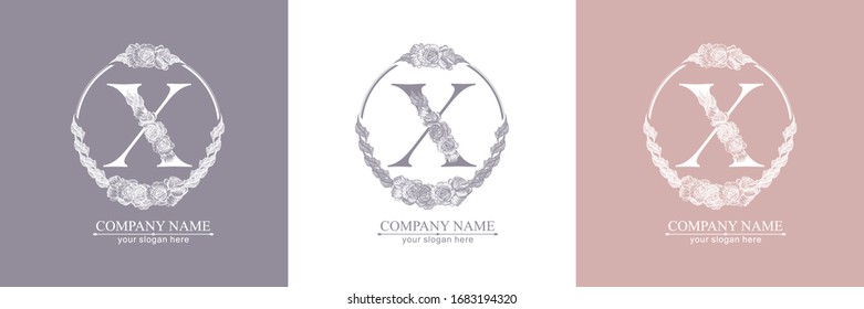 Letter X logo or monogram. For your business. Vector sign. Floral style, beautiful roses. Personal logo.