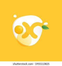 Letter X logo on a Fried Egg with green leaf and splashes. Negative space vector icon for farm company, ecology cafe, tasty poster, fast food restaurant.