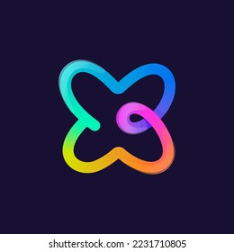 Letter X logo. Rainbow gradient one line icon. Overlapping multicolor emblem with glossy shine. Ideal for colorful app, street art design, bright advertising, toy packaging, multimedia identity.