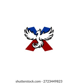 Logotipo de la letra X en forma de ave fénix en ascenso. Símbolo de Vector audaz para renacer, fortaleza, seguro y marca de empresa de inversión