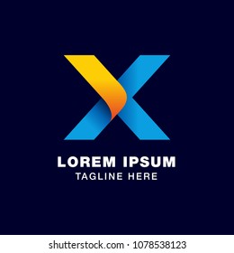 Letter X Logo Template In Gradients Style. Blue, Yellow, And Orange Color