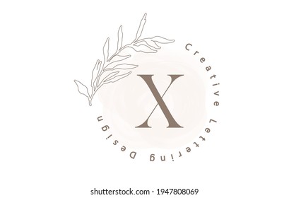 Letter X Logo With Watercolor brush and circle lettering design and outline leaves in Pastel Colors. Creative vector illustration with letter X for beauty, fashion, natural products or eco services.