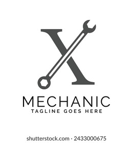 letter X logo with wrench. Alphabet X Spanner logo design