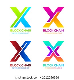 Letter X logos Colorful shape with Blockchain Technology and Abstract Interlocking, Bitcoin Cryptocurrency data, Digital connect link network Concept