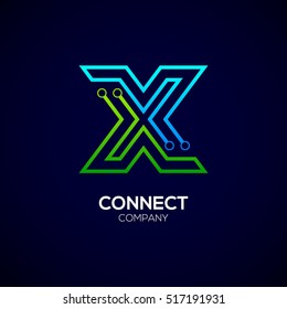 Letter X logotype green and blue color,Technology and digital abstract dot connection vector logo