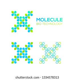 Letter X Logotype with Green Leave and Dots cross, Molecular cell structure concept, Nano Technology and Ecology Biology logo, Eco Plant Icons, Chemistry and DNA Symbols, Science Laboratory Signs