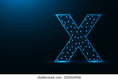 Letter X low poly design, alphabet abstract geometric image, font wireframe mesh polygonal vector illustration made from points and lines on dark blue background