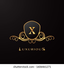 Letter X Luxurious Shield logo Golden Color, vector design concept  for luxury business, hotel, wedding service and more brand identity.
