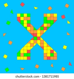 Letter X made of colored squares and triangles. Mosaic font.