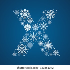 Letter X made from frosty snowflakes, vector font