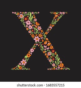 Letter X made with retro flowers. Vector image. Orange, pink, burgundy & green floral letter.