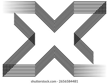 Letter X made of thin black broken lines on a white background. Vector pattern for covers, cards, web design and videos. Design element, Dynamic sports vector background in retro style