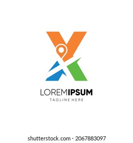 Letter X Map Location Logo Design Graphic Icon Emblem Illustration Background Template