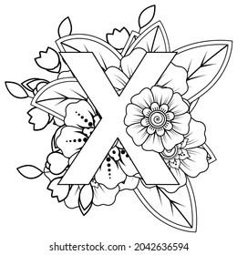 Letter X with Mehndi flower. decorative ornament in ethnic oriental style. coloring book page. 