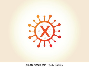 Letter X monogram alphabet with Coronavirus cells. Lab logo sign symbol design vector template. Font emblem. Coronavirus (Covid-19). Stop Coronavirus