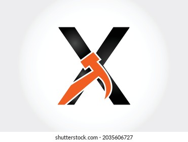 letter X monogram alphabet with a Hammer. Repair, renovation, and construction logo. Modern vector logo for construction business, and company identity