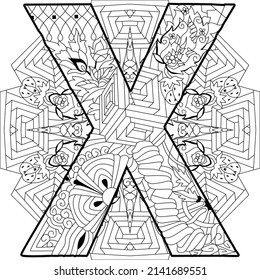 Letter X monogram, engraving design on mandala for coloring. Vector illustration.