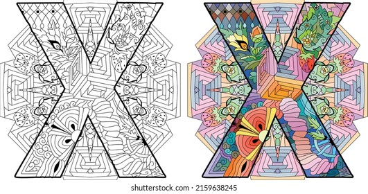 Letter X monogram, engraving design on mandala for coloring. Vector illustration. Color and outline set